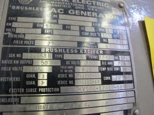 GENERATOR, ELECTRIC TYPE, 4700K WATT, 778 AMP, 4360 VOLT, EMERGENCY DIESEL 900 RPM KIND. TYPE SAB FRAME 21520-44 CONTINUOUS DUTY TWO BEARING HORIZONTAL SYNCHRONOUS INCLUDES TYPE FRBA BRUSHLESS EXCITERS (W-50) LOADING & HANDLING FEE $1000-
